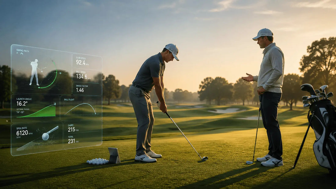 Golf AI coach vs human pro analyzing a golfer's swing on a driving range