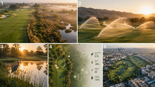 Aerial view of a golf course fairway bordering natural wetland, showing the environmental balance discussed in this research article