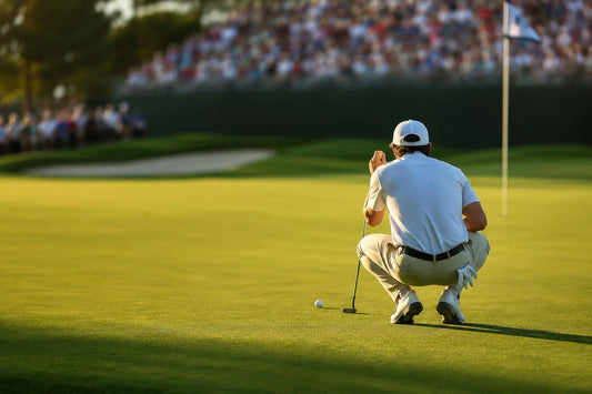 Anonymous golfer crouched reading a putt on a championship green during a final round.