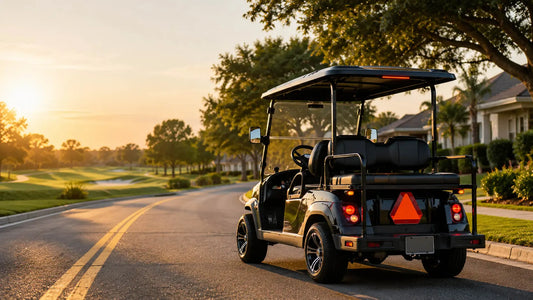 Street legal golf cart with required LSV safety equipment on a suburban road