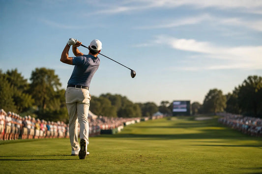 Anonymous golfer following through on a drive with a tournament gallery behind, evoking a breakout PGA Tour win.