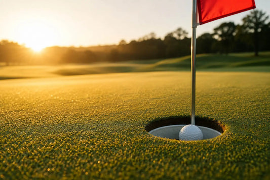 White golf ball resting in the cup on a par-3 green, illustrating the fake hole-in-one story