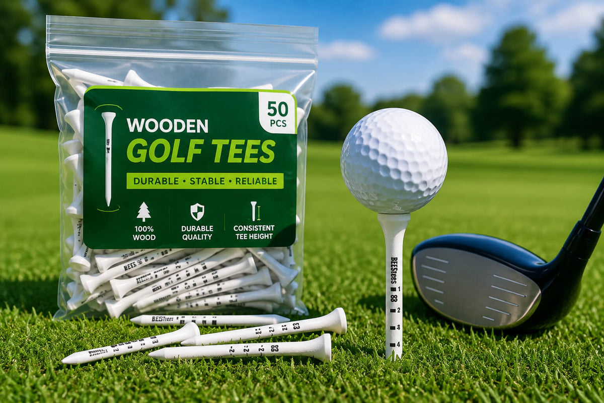 50pcs white wooden golf tees with golf ball on course
