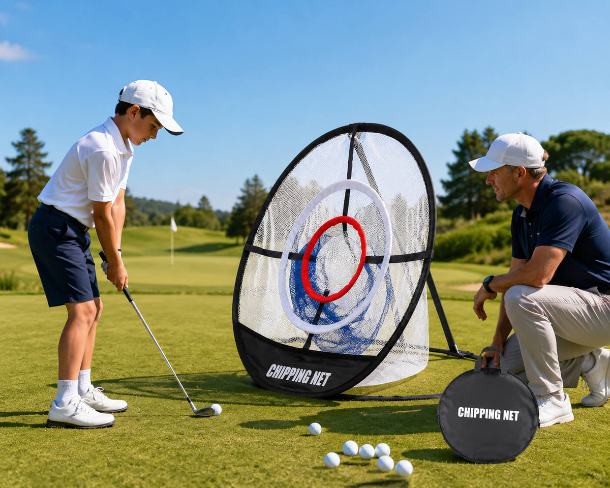 Boy practicing golf chipping with a portable net and coach on golf course