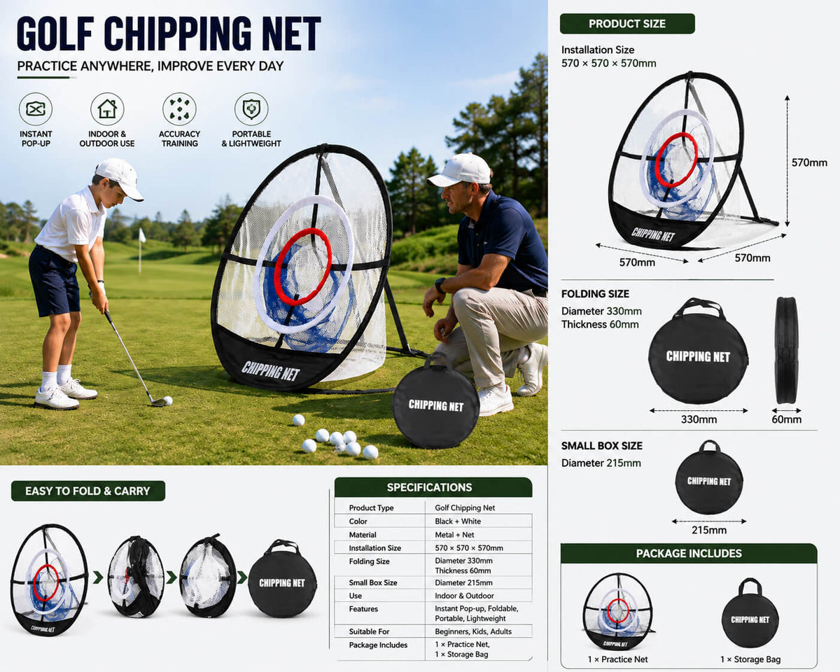 Golf chipping practice net with size and product specifications