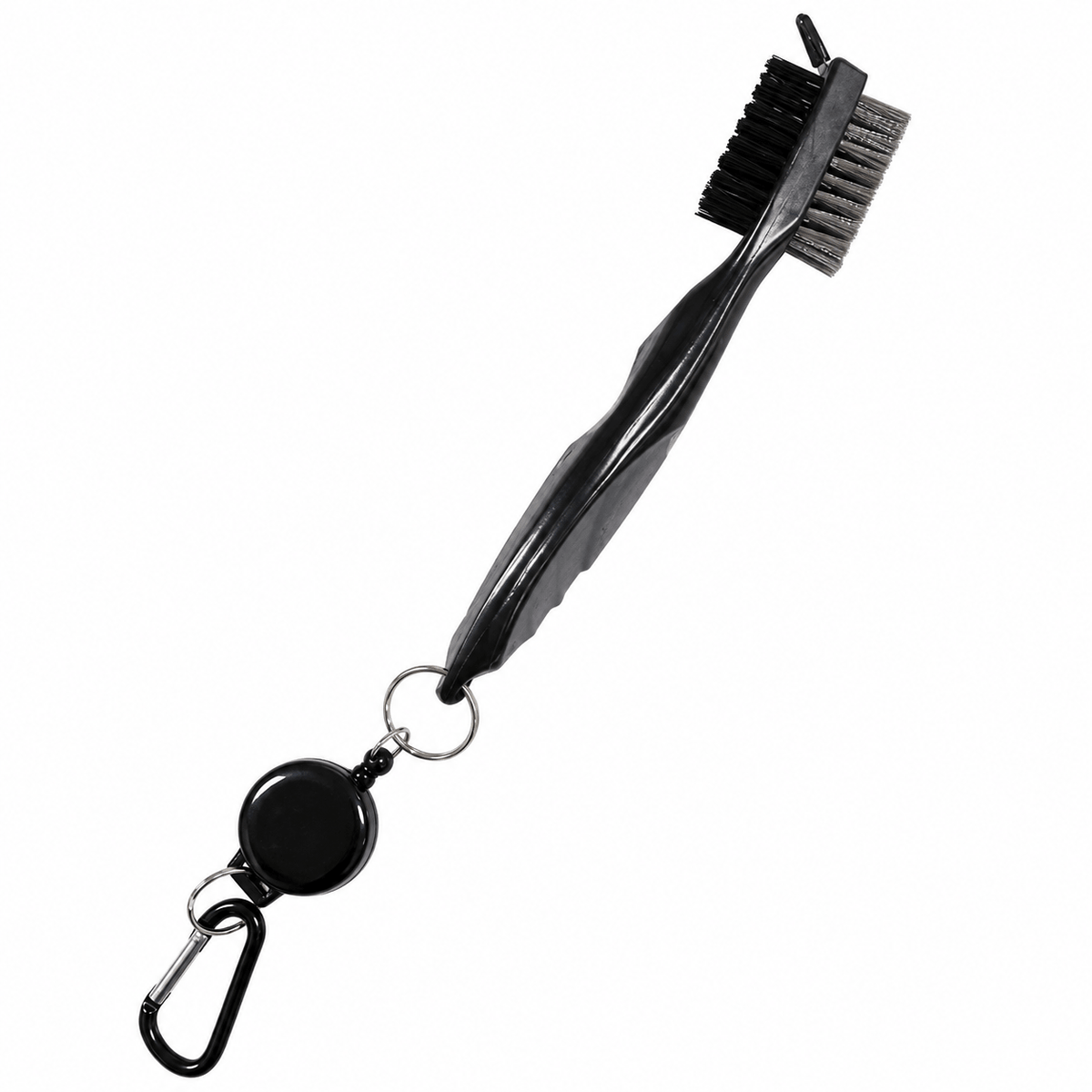 Golf club cleaning brush with dual-sided bristles and retractable clip