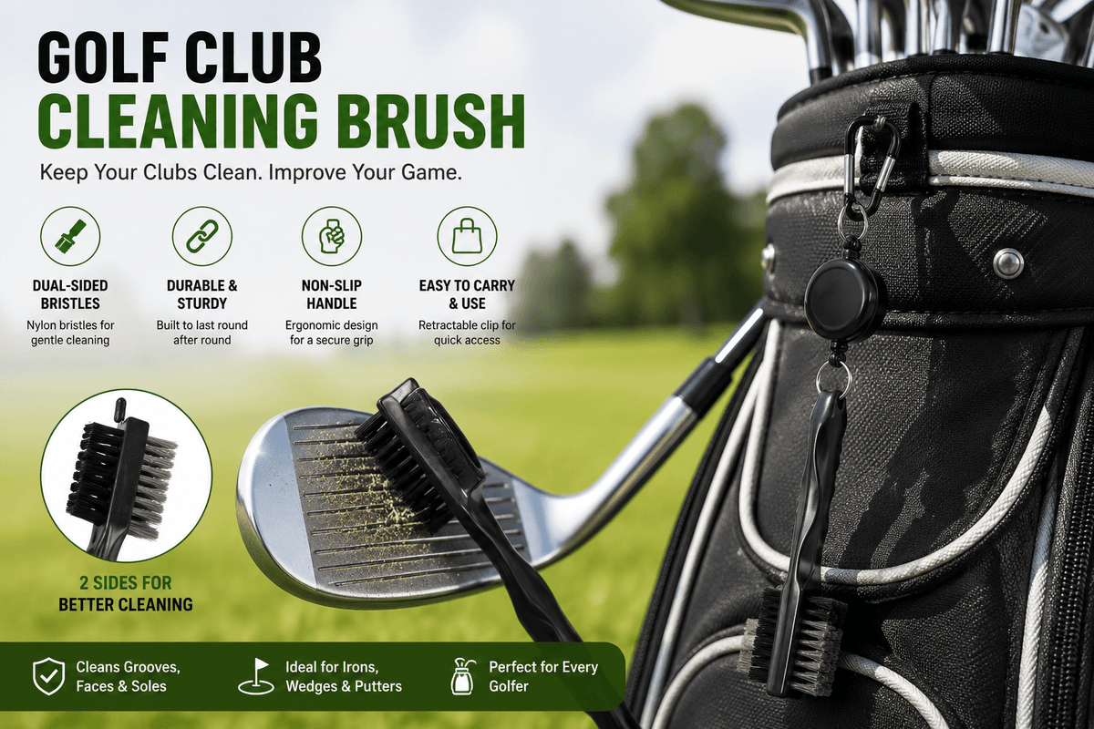 Golf club cleaning brush attached to golf bag for cleaning club grooves
