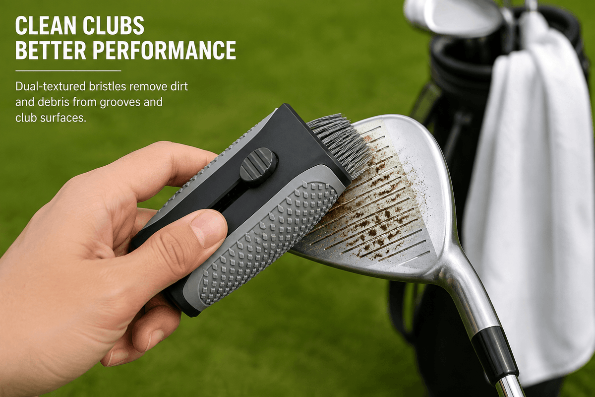 Golf club cleaning brush removing dirt from iron grooves