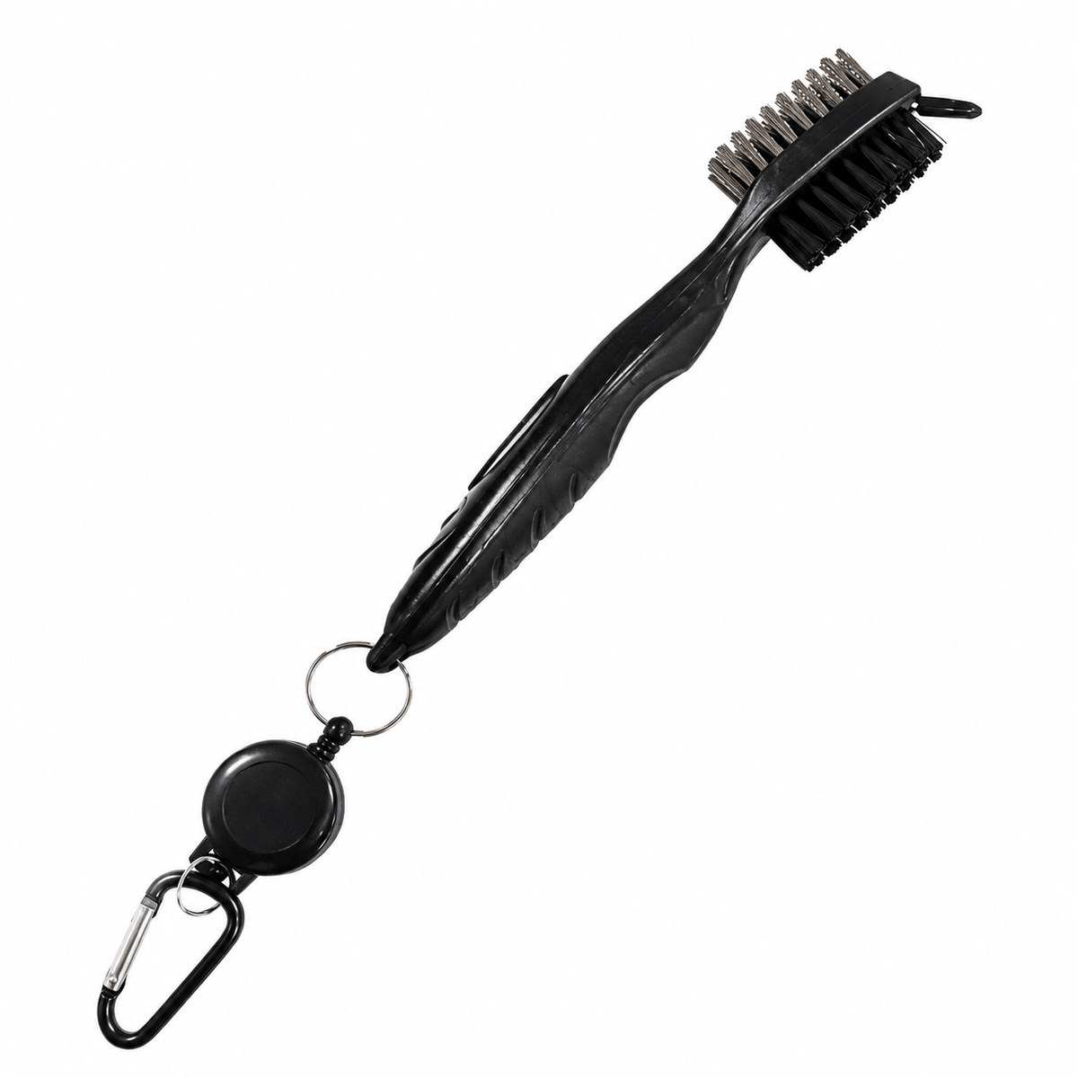 Golf club cleaning brush with dual-sided bristles and retractable clip