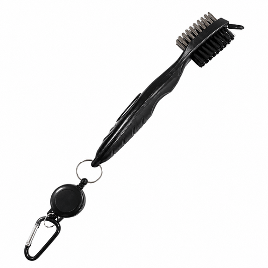 Golf club cleaning brush with dual-sided bristles and retractable clip