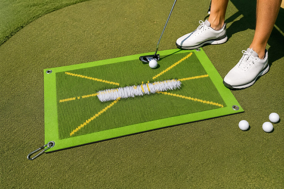 Golf practice mat with alignment guides used for putting and swing training