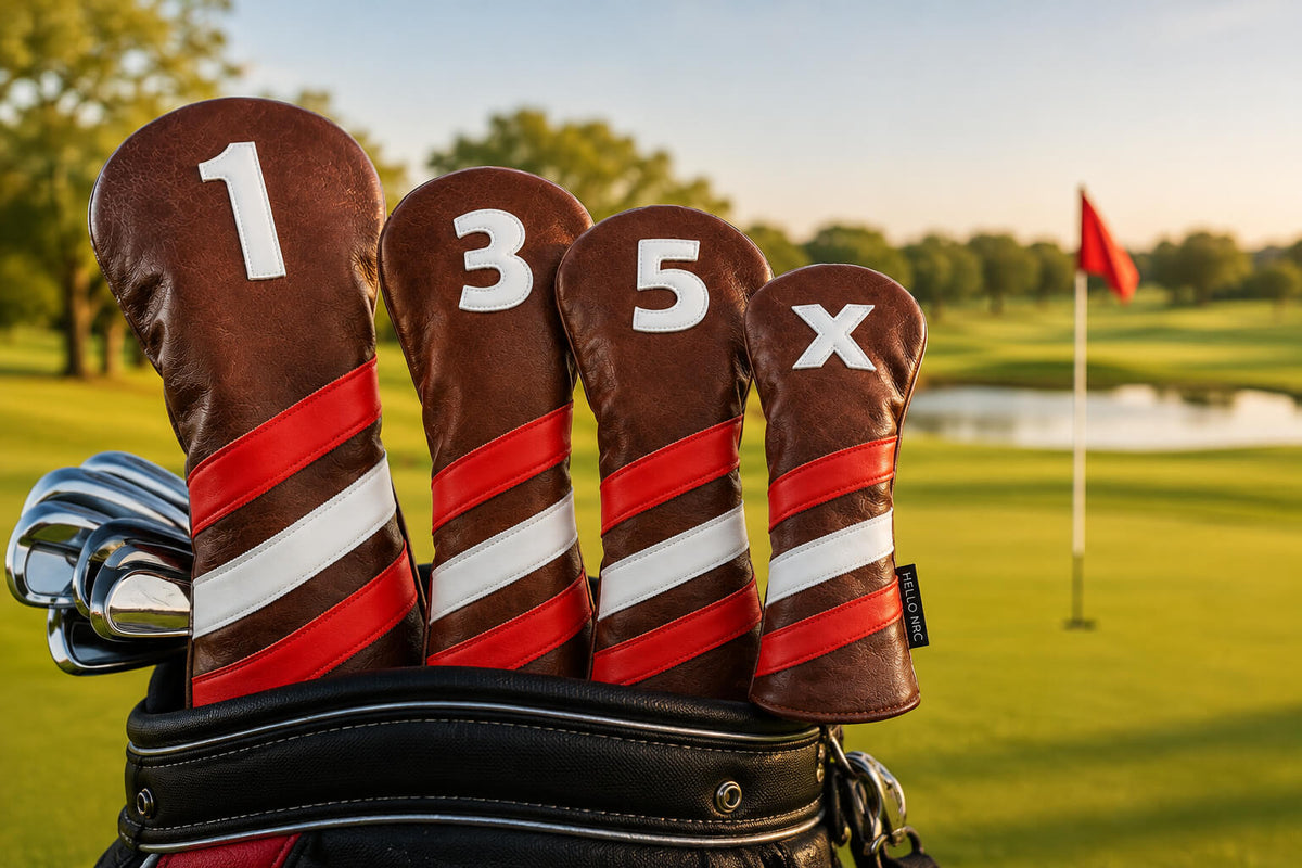 Retro PU leather golf headcovers for driver, fairway wood and hybrid on a golf course